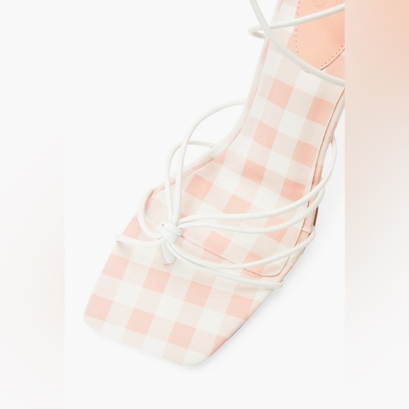 NEW Just Fab Scarlett Gladiator Heeled Lace Up Square Toe White & Gingham Sandal - Picture 6 of 11